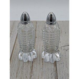 Vintage MCM Rocket Shaped Salt Pepper Shaker Set Pressed Glass Metal Top